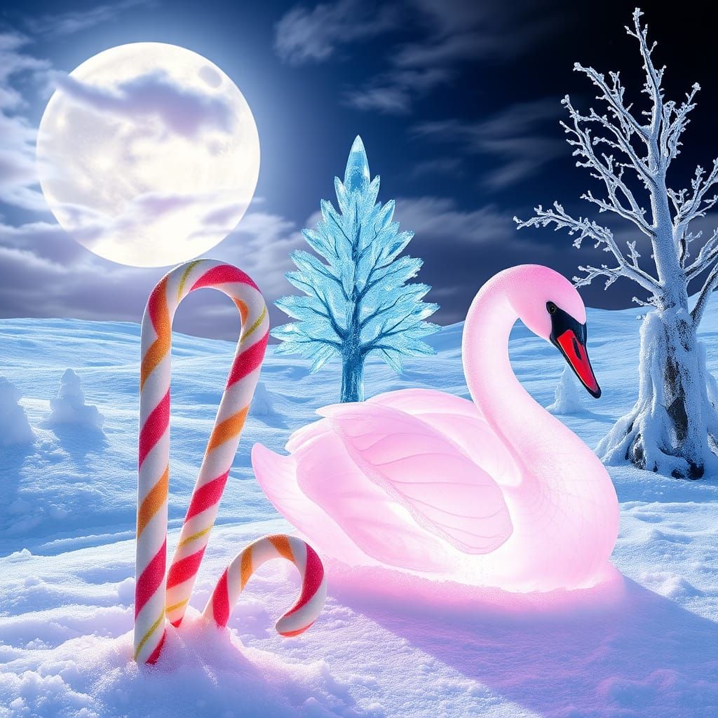 Enchanted Winter Landscape with Candy Canes and Ice Swan
