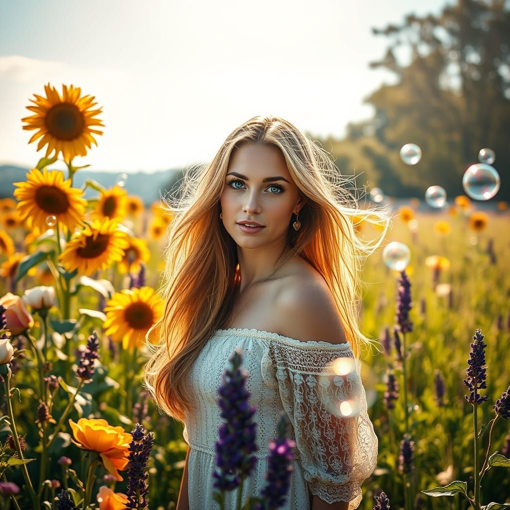 Woman in Blooming Meadow, Hyper-Realistic Digital Art