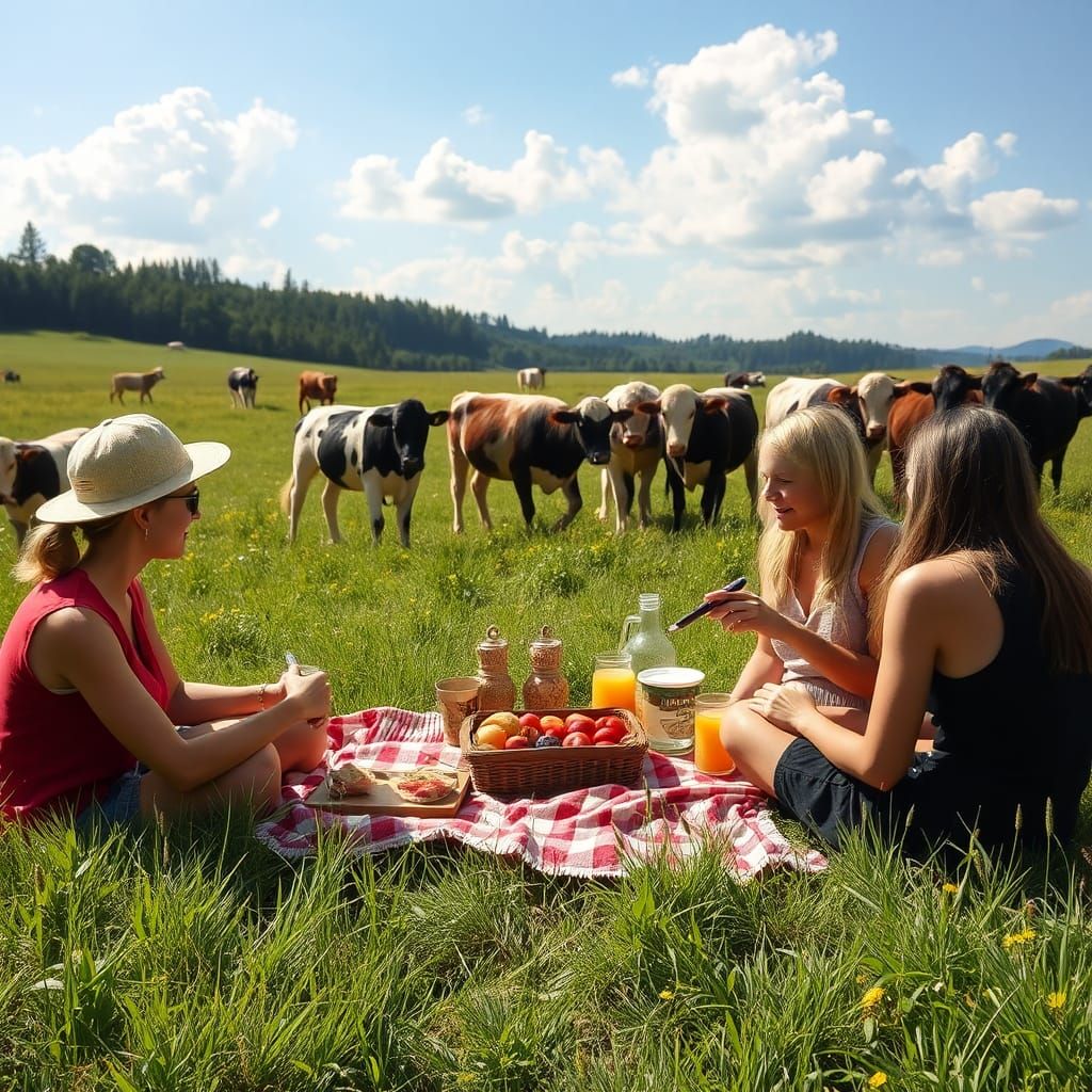 Idyllic Meadow Picnic with Grazing Cows