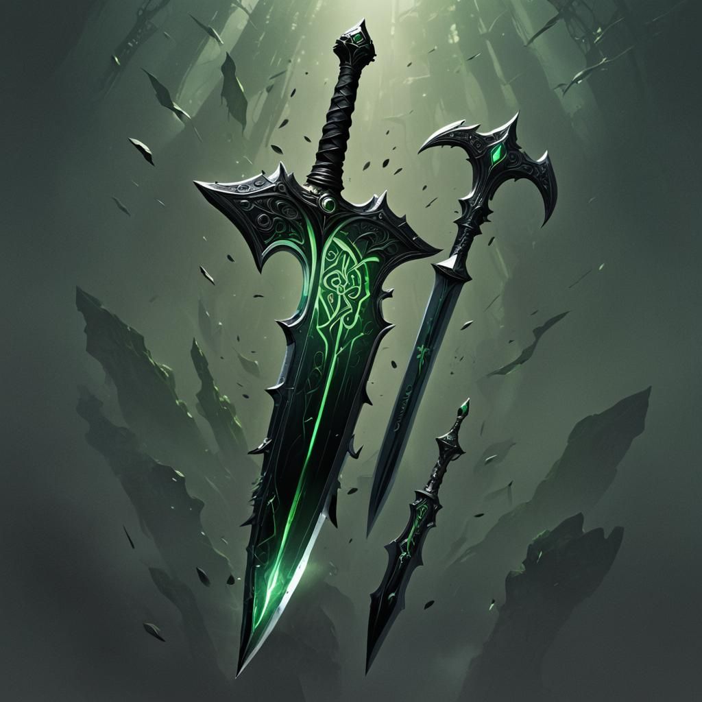 Impossible Black Sword with Cursed Runes in Dark Void