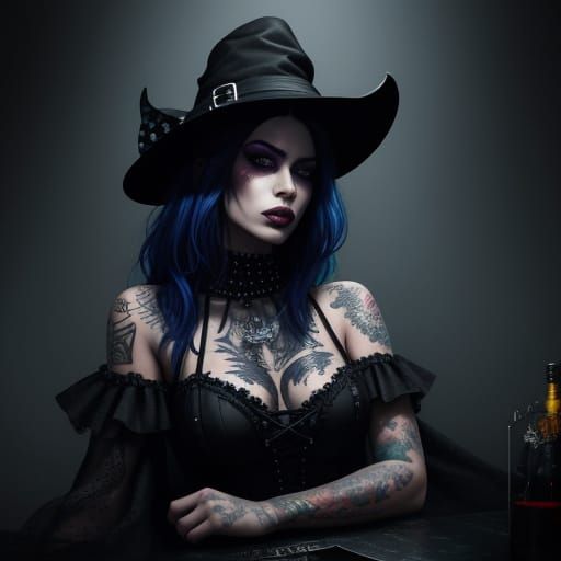 Gothic Witch with Tattoos in Watercolor Style