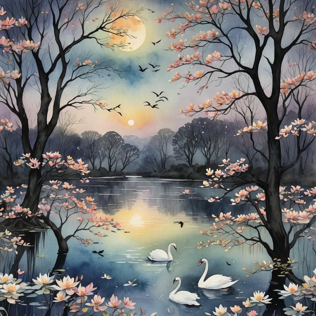 Serene Lake with Swans in Watercolor Style
