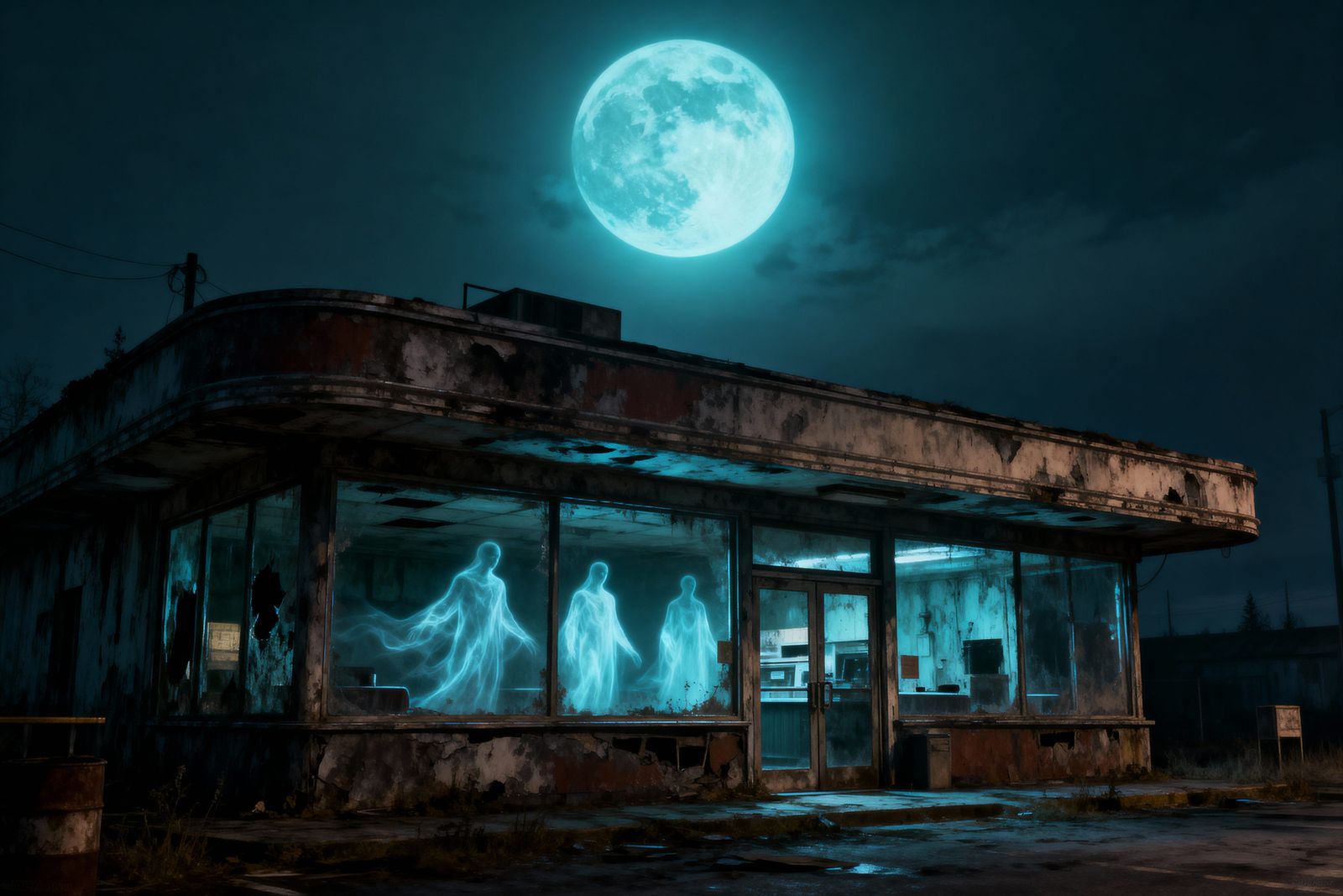 Moonlit Derelict 50s Cafe with Ghostly Figures