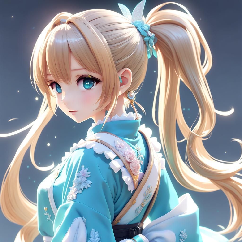 Cute Anime Girl with Ponytail in 3D Style