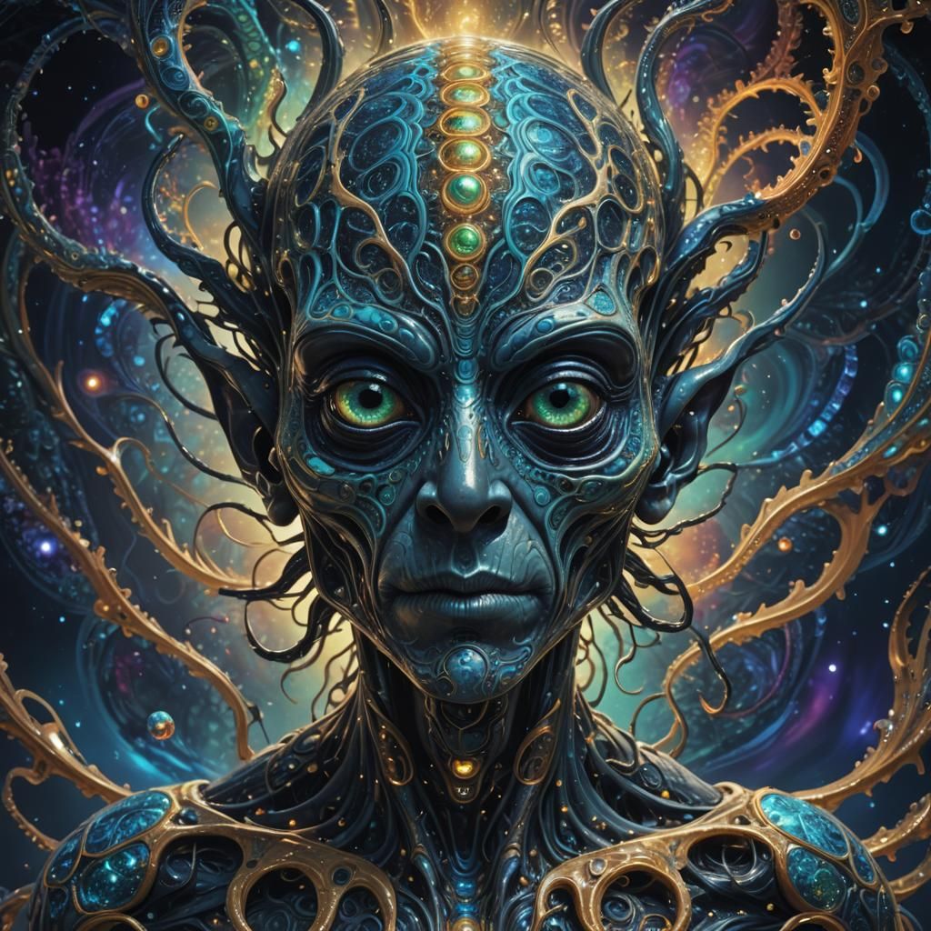 Hyperrealistic DMT Alien in Splash Art Style