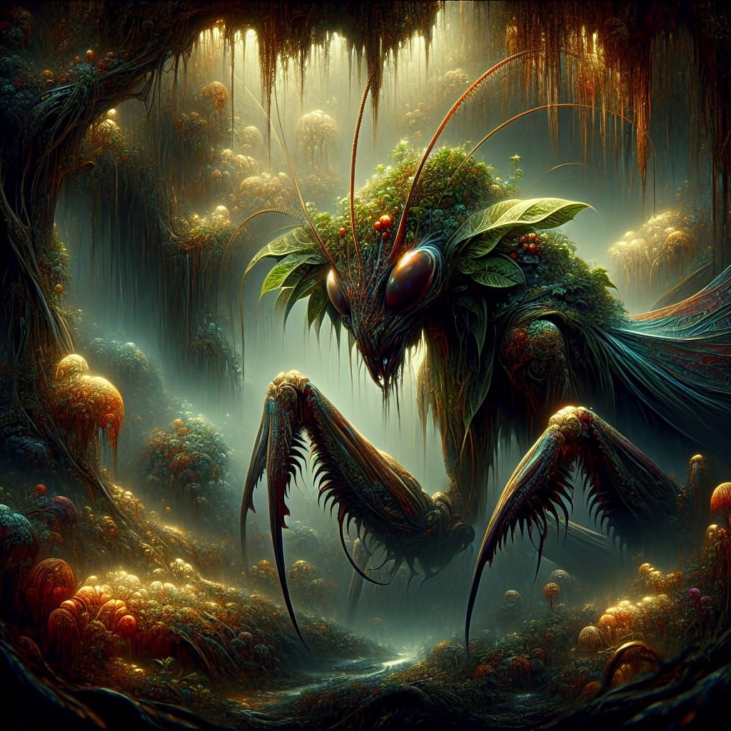 Eerie Jungle Mantis: High-Resolution Fantasy Concept Art