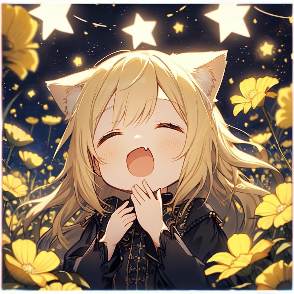 Adorable Chibi Catgirl Yawning in Starry Flower Field