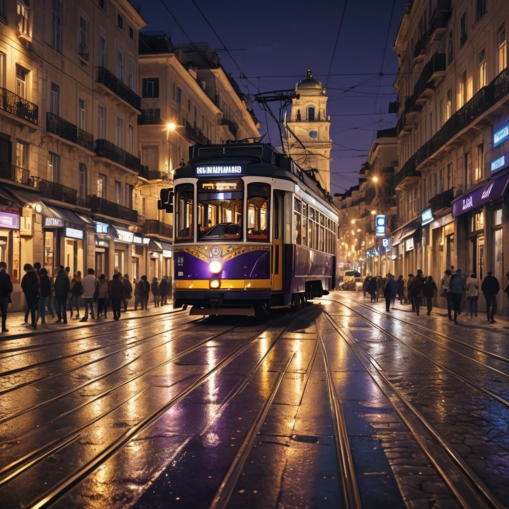 Lisbon Tram at Night in Splash Art Style