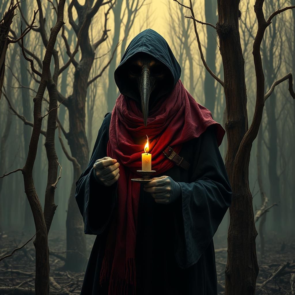 Plague Doctor in Dead Forest, Dark Fantasy Art
