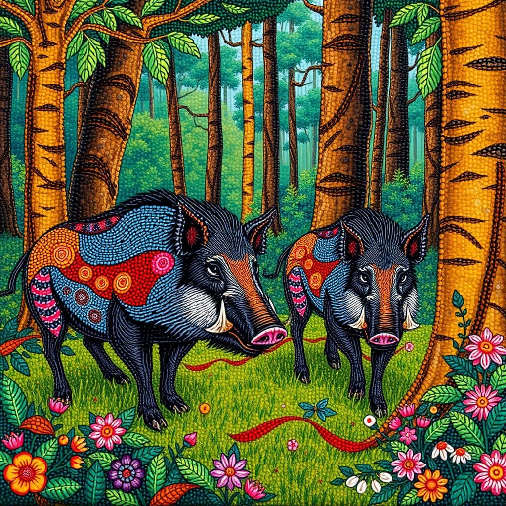 Boars in Beaded Tapestry Forest, Klimt Style