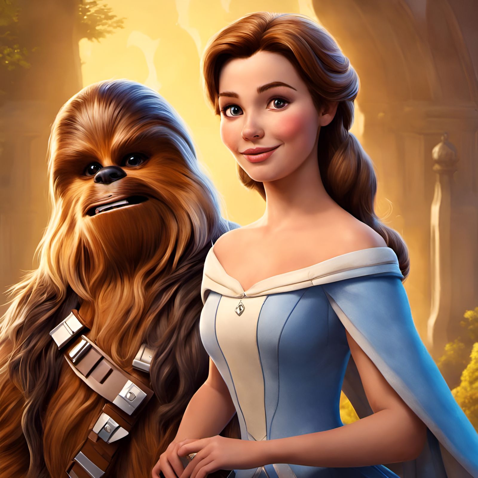 Belle and Chewbacca Portrait in Classical Style