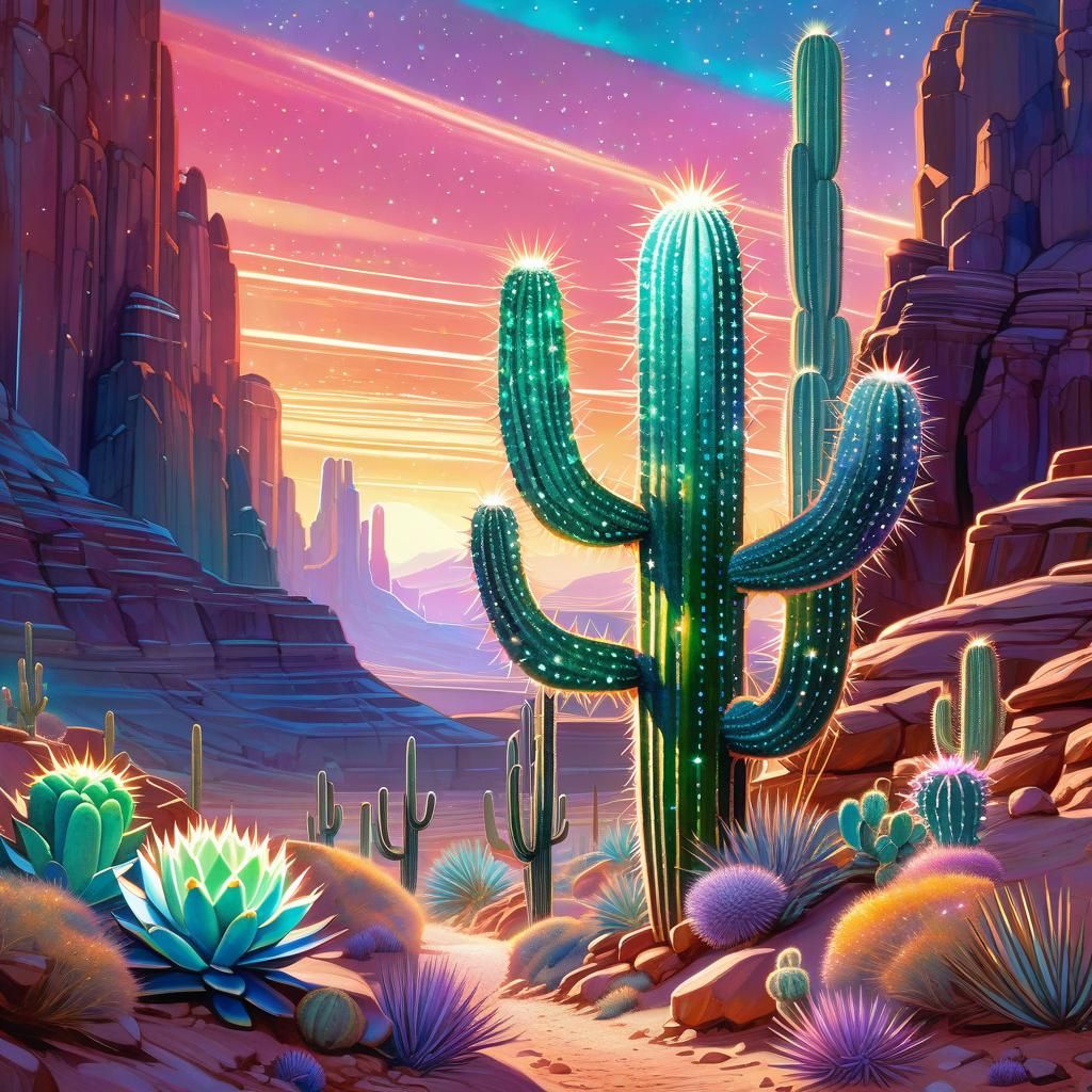 Holographic Crystal Cactus in Sparkling Desert Canyon