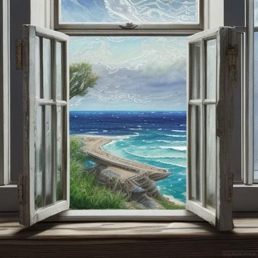 Tabby Cat at Window with Sea View