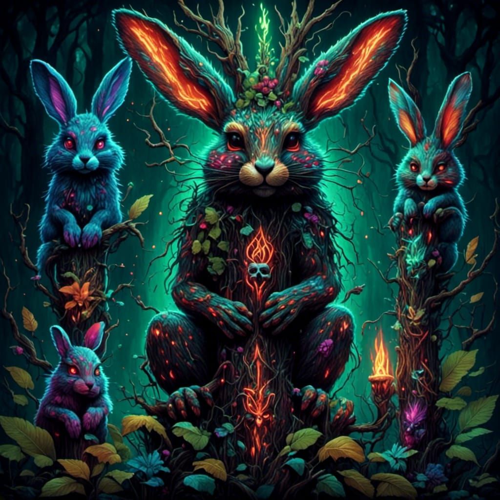 Neon Gothic Pagan Tribal Bunny Totem Pole