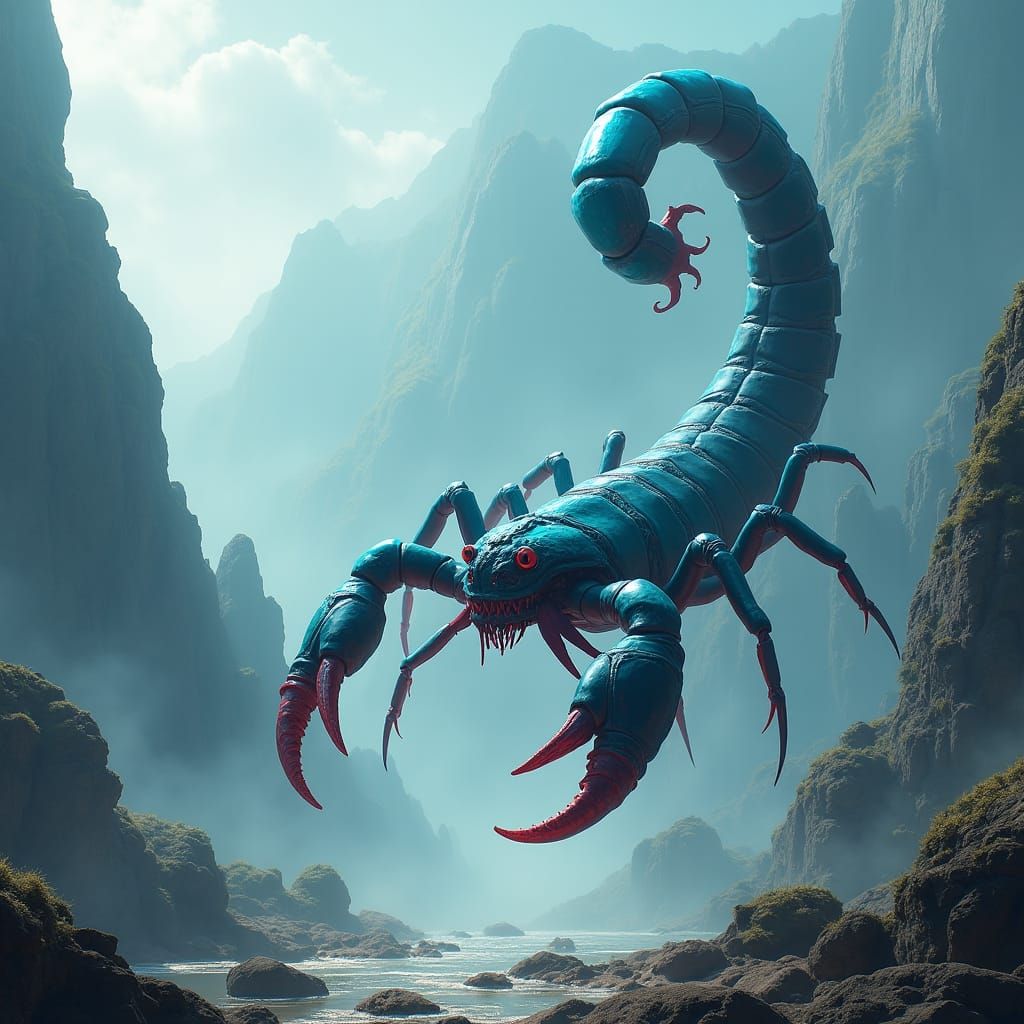 Gargantuan Cyan Scorpion Dominating Mountain Landscape