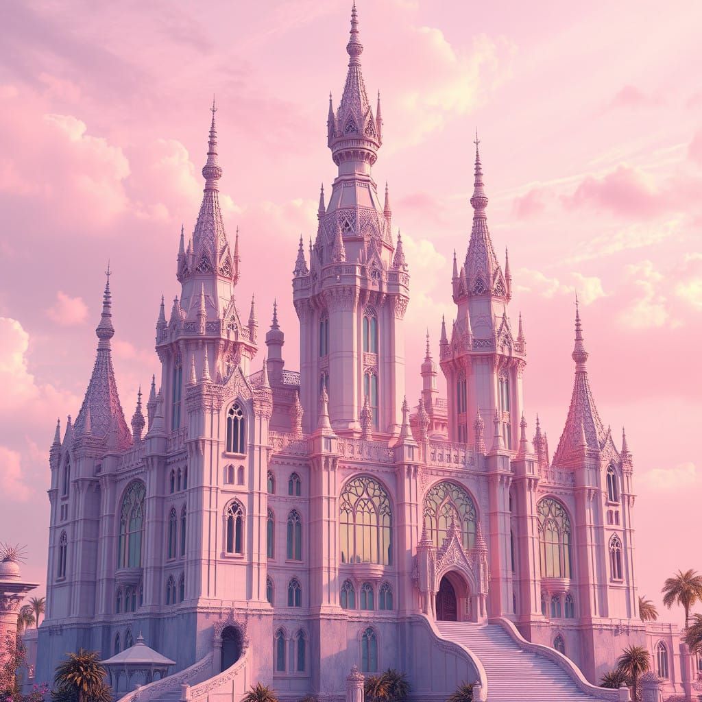 Majestic Pastel Pink Castle Against Soft Light Sky