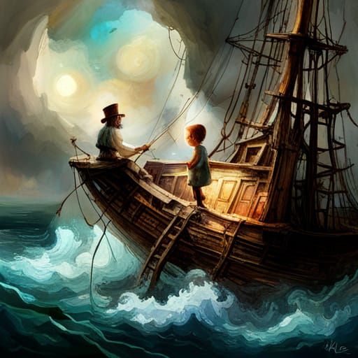 Pinocchio and Geppetto in Whale, Dark Fantasy Collage