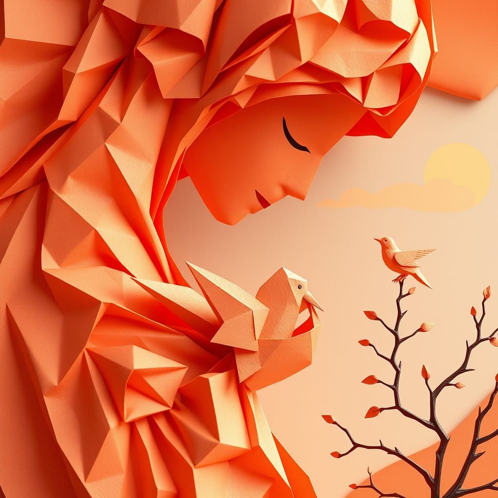 Paper Woman and Bird in Surreal 3D CGI