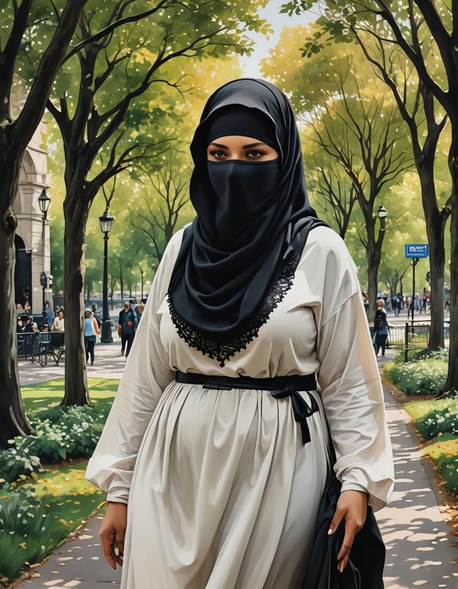 European Woman in Niqab in City Park Painting