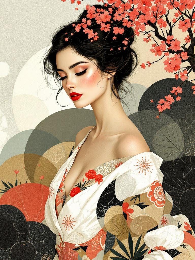 Mondrian Pin-Up in Garden: Organic Precision Illustration