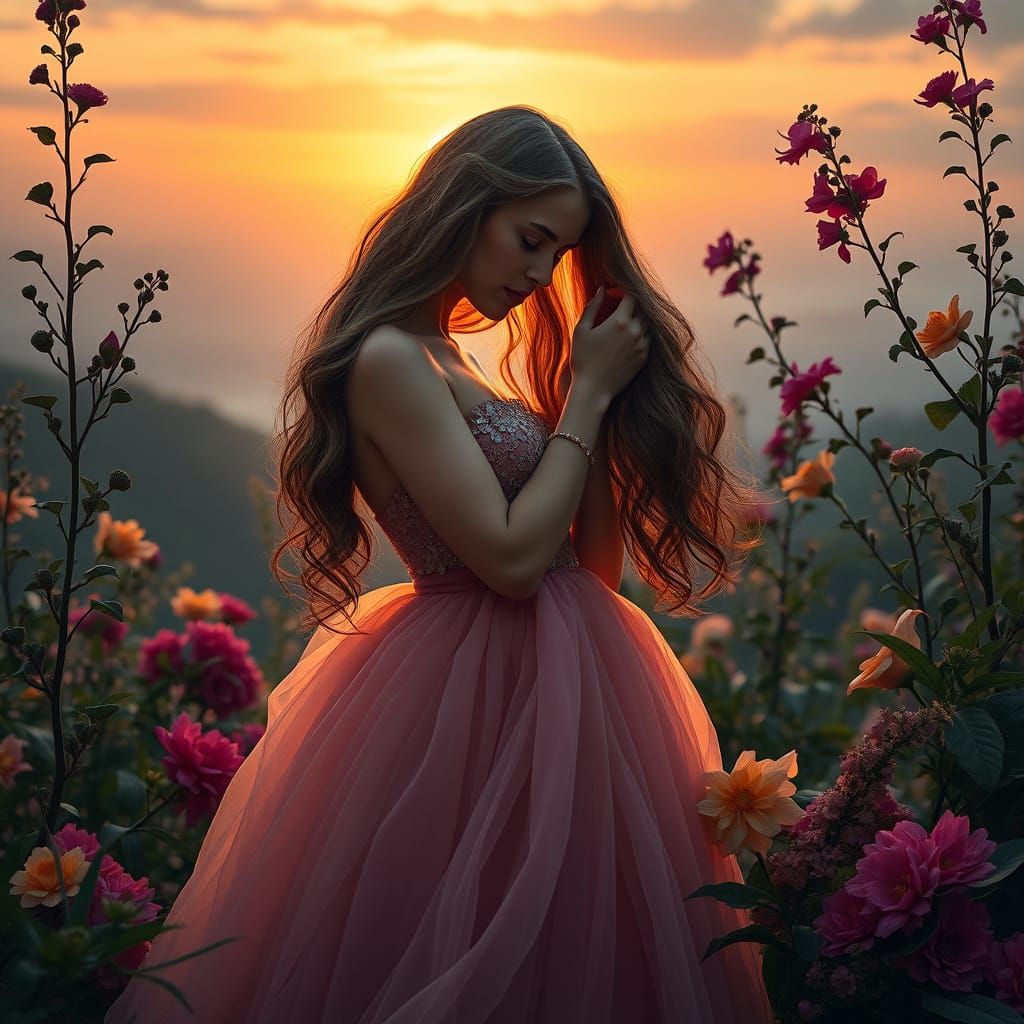 Woman in Flowers at Sunset: Digital Matte Painting