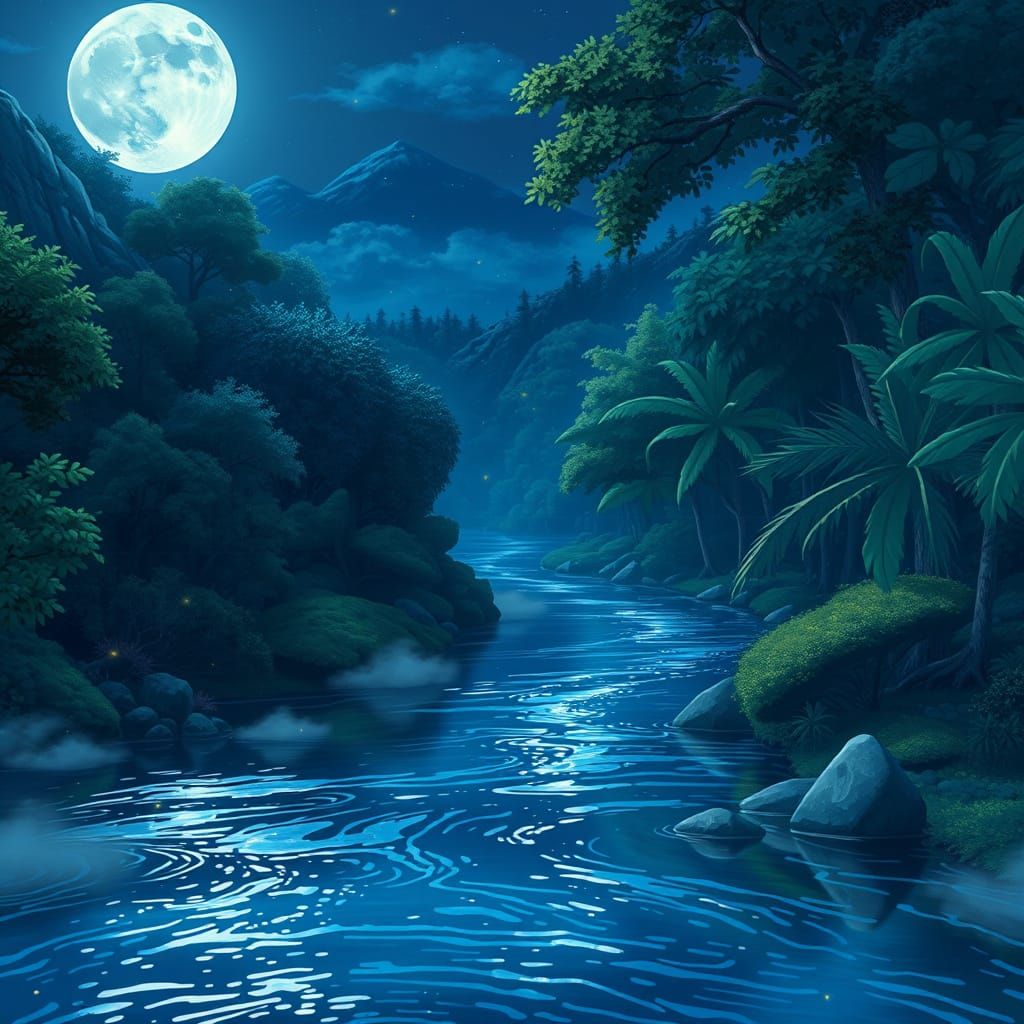 Moonlit River in a Dreamlike Forest