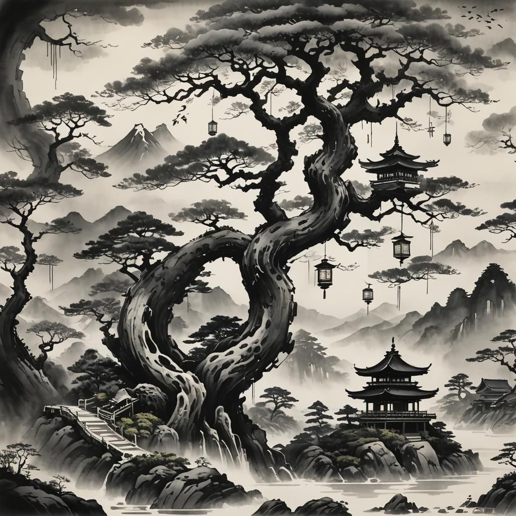 Surreal Bonsai Tree in Sumi-e Ink Wash Style