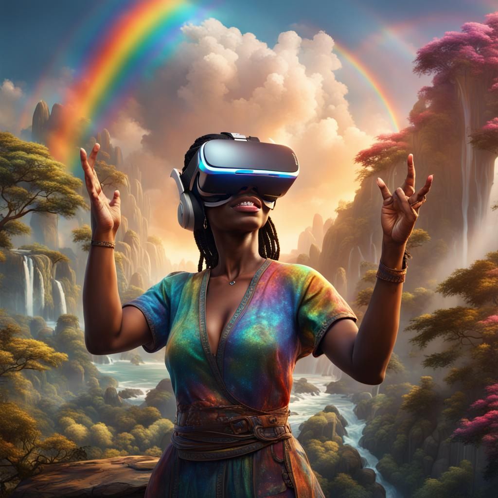 Happy Woman in VR Headset in Shangri-La, Digital Art