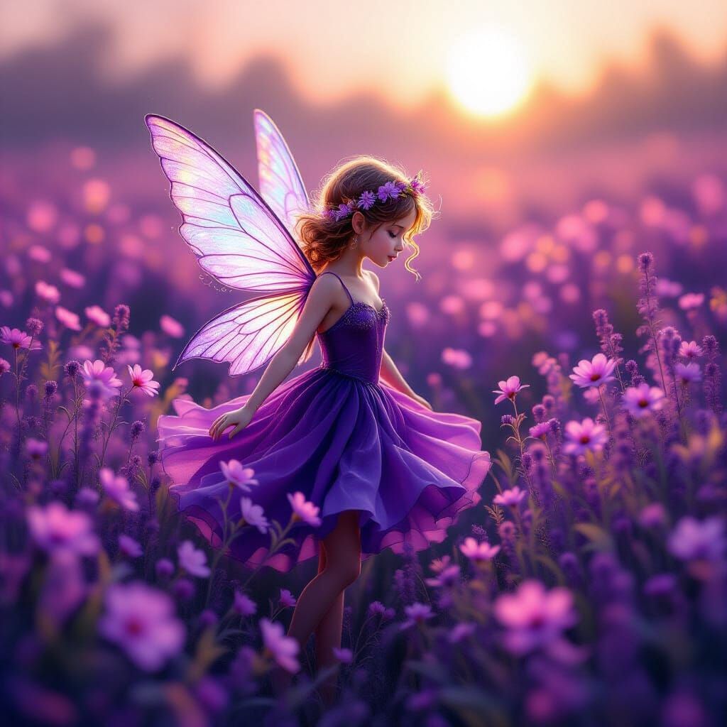 Enchanting Purple Fairy in Flower Field Oil Painting