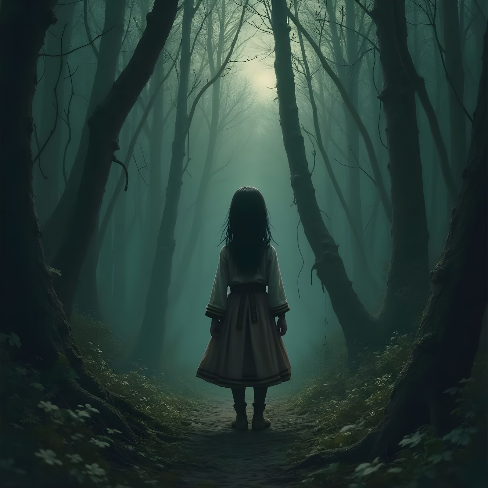 Young Girl Stands at the Edge of a Haunting Forest in Dark F...