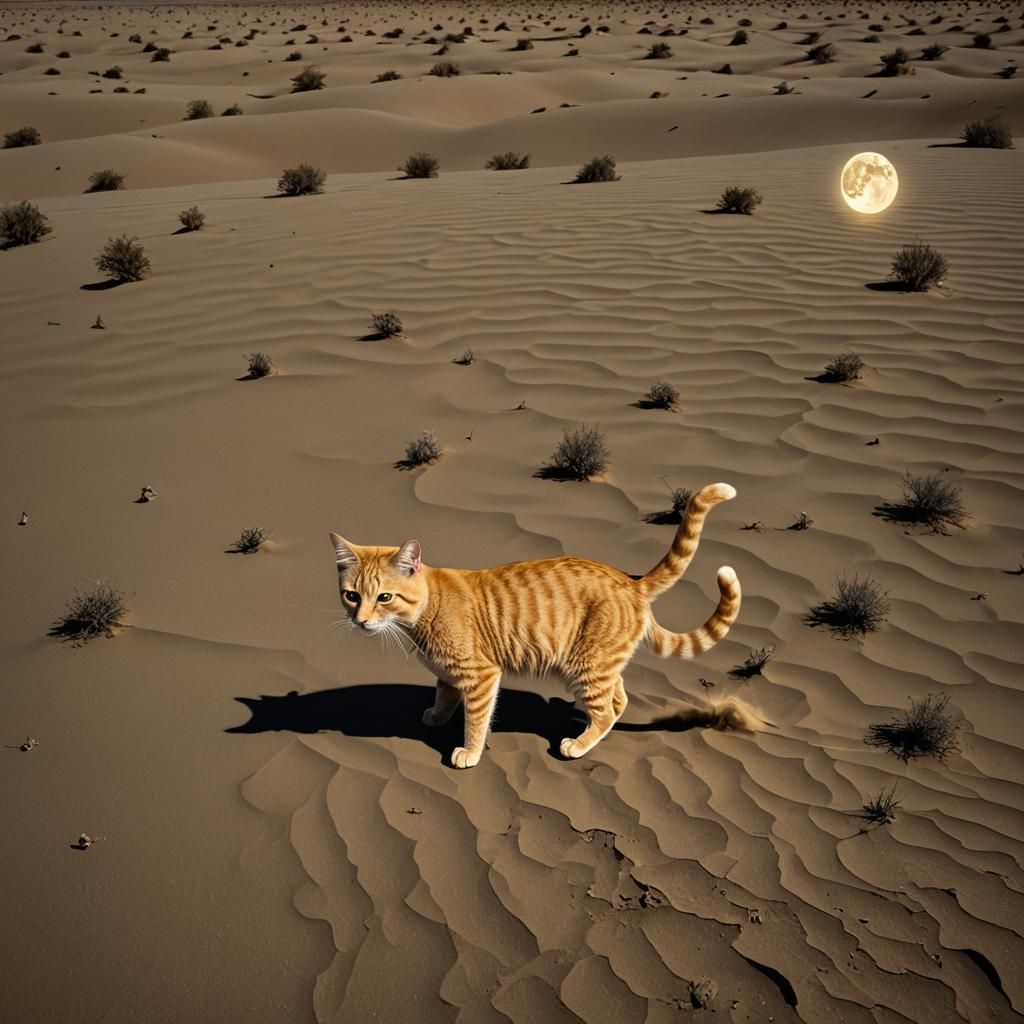 Yellow Cat in Desert Moonlight