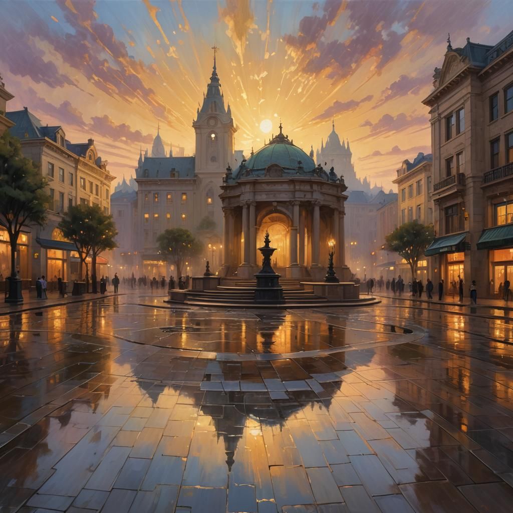 Metaphysical Plaza at Dusk: Impressionist Acrylic Painting