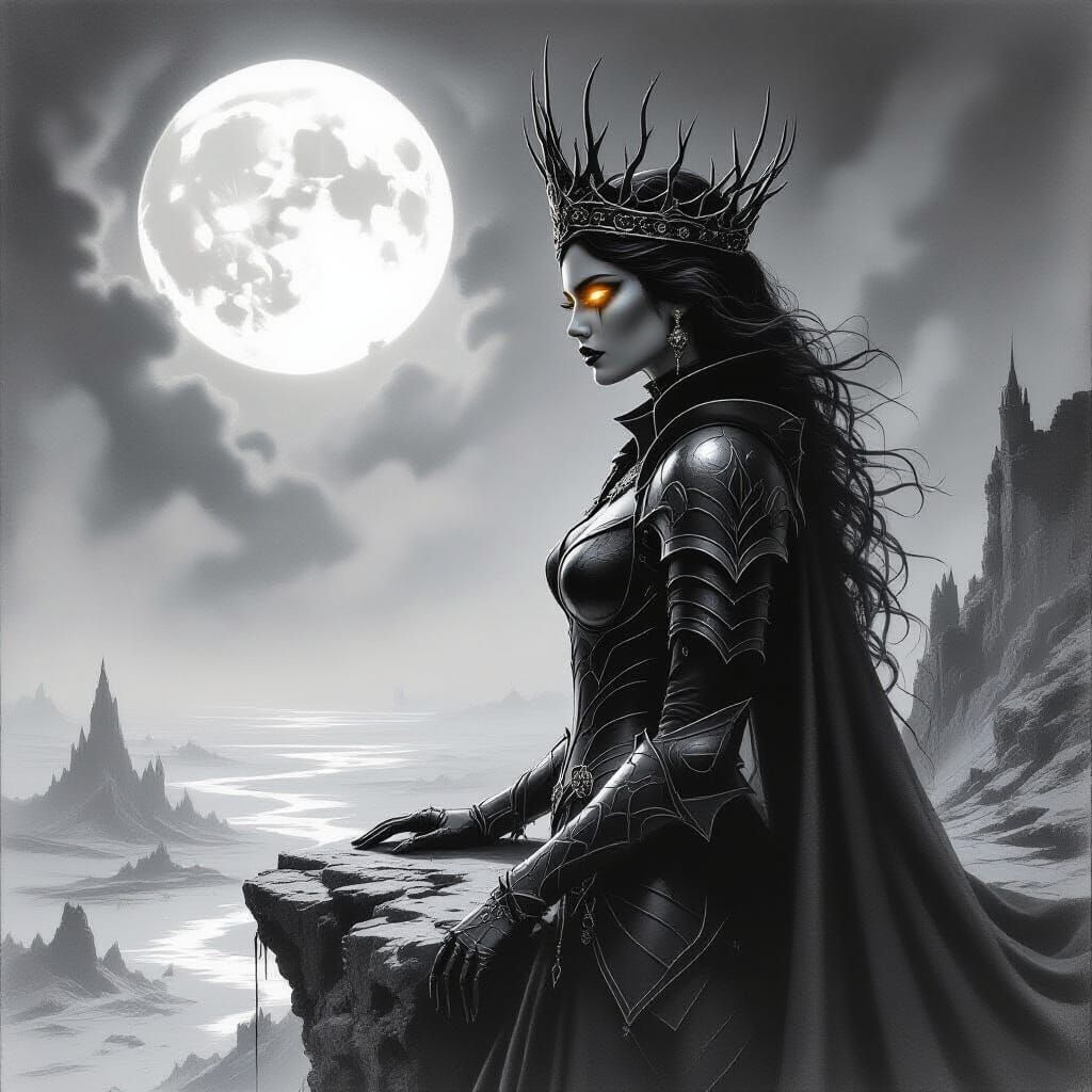 Evil Queen in Obsidian Armor on Wasteland Precipice