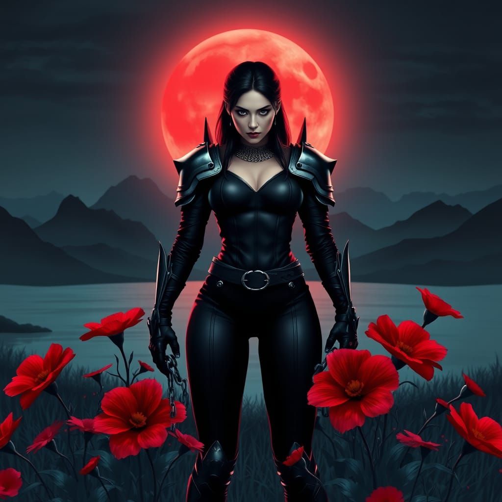 Mystical Warrior Stands Under Glowing Red Moon