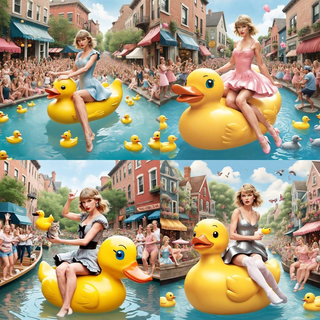 Taylor Swift and Kitten in Whimsical Rubber Duck Parade Scen...