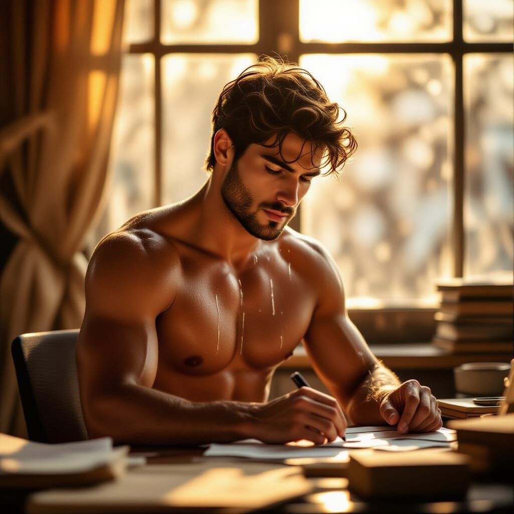 Young Man Working Topless in Summer Office Heat