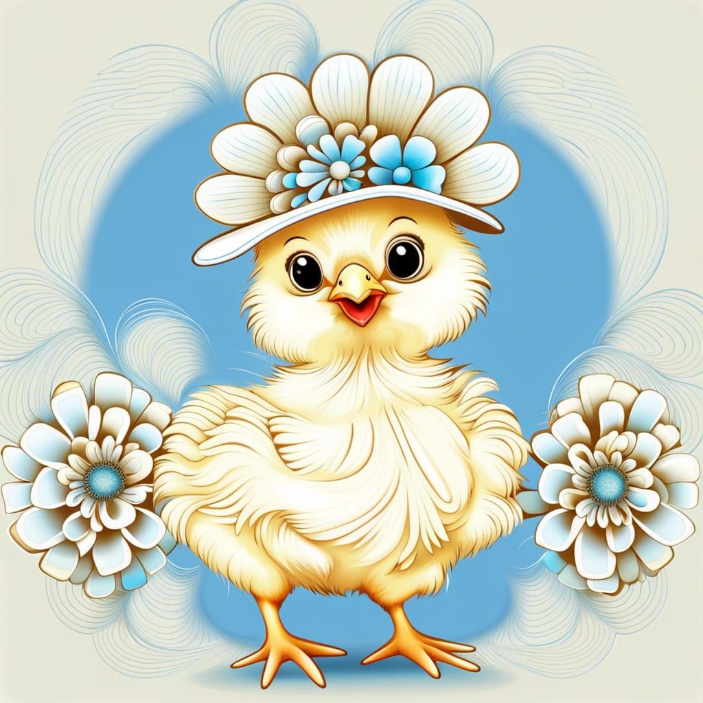 Cute Baby Chicken with Blue Flower Hat