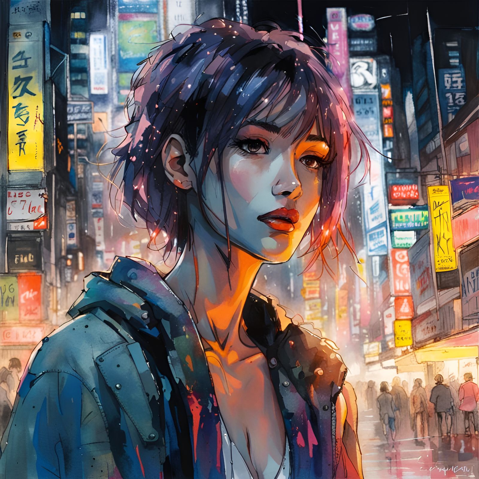 Cyberpunk Anime Girl in Neon Tokyo Watercolor