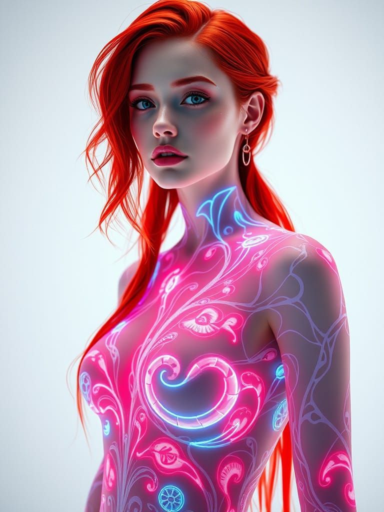 Ethereal Cyberpunk Goddess in Shimmering Bioluminescent Dres...