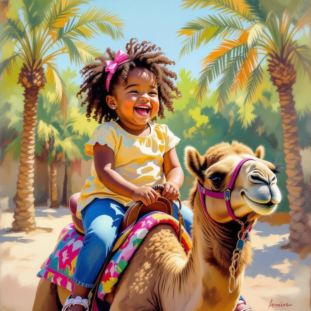 Joyful Little Girl Rides Camel at Zoo
