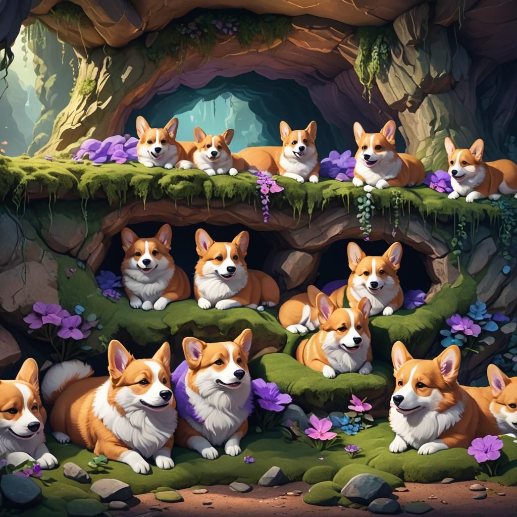 Corgi Pile in Cozy Cave, Fantasy Art