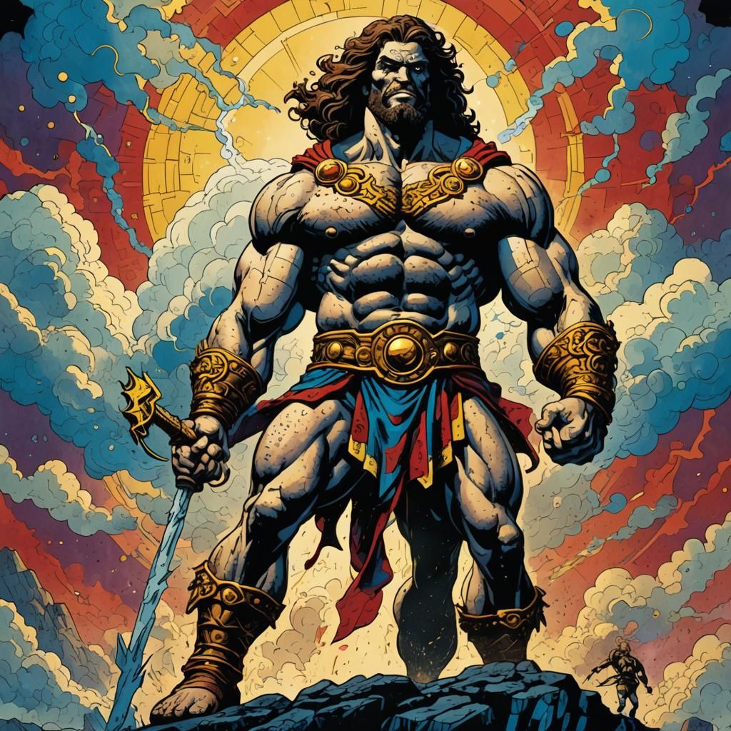Hercules on Olympus in Graphic Novel Style