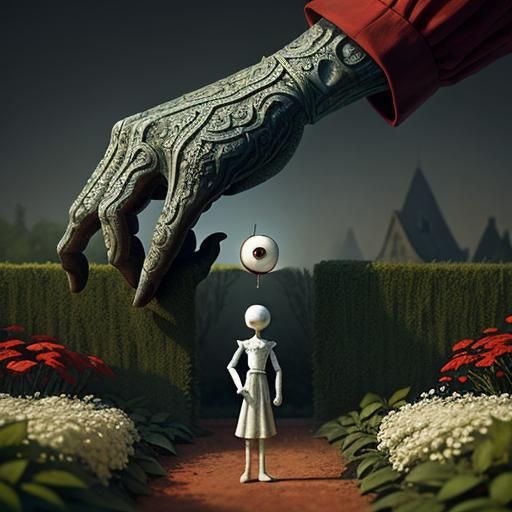 Surreal Garden Figure with Giant Red Hand