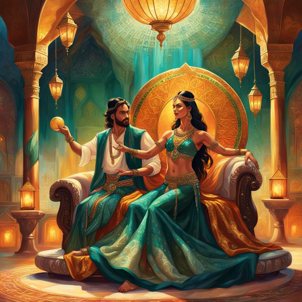 Belly Dancer Spins for Gemstone King in Klimt Style