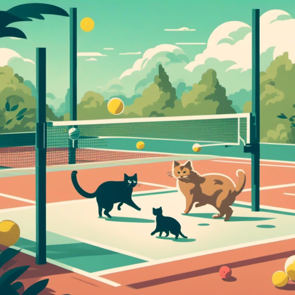 Cats Playing Pickleball on Outdoor Court