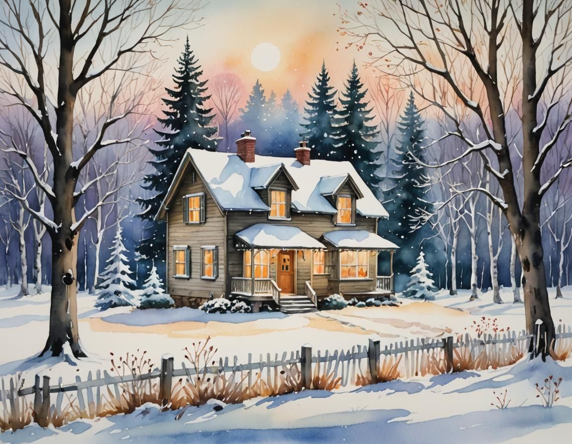 Cozy Winter House in Snowy Landscape: Watercolor Painting