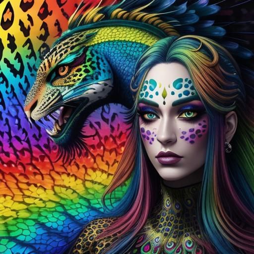 Abstract Woman with Dragon Scales and Peacock Hair