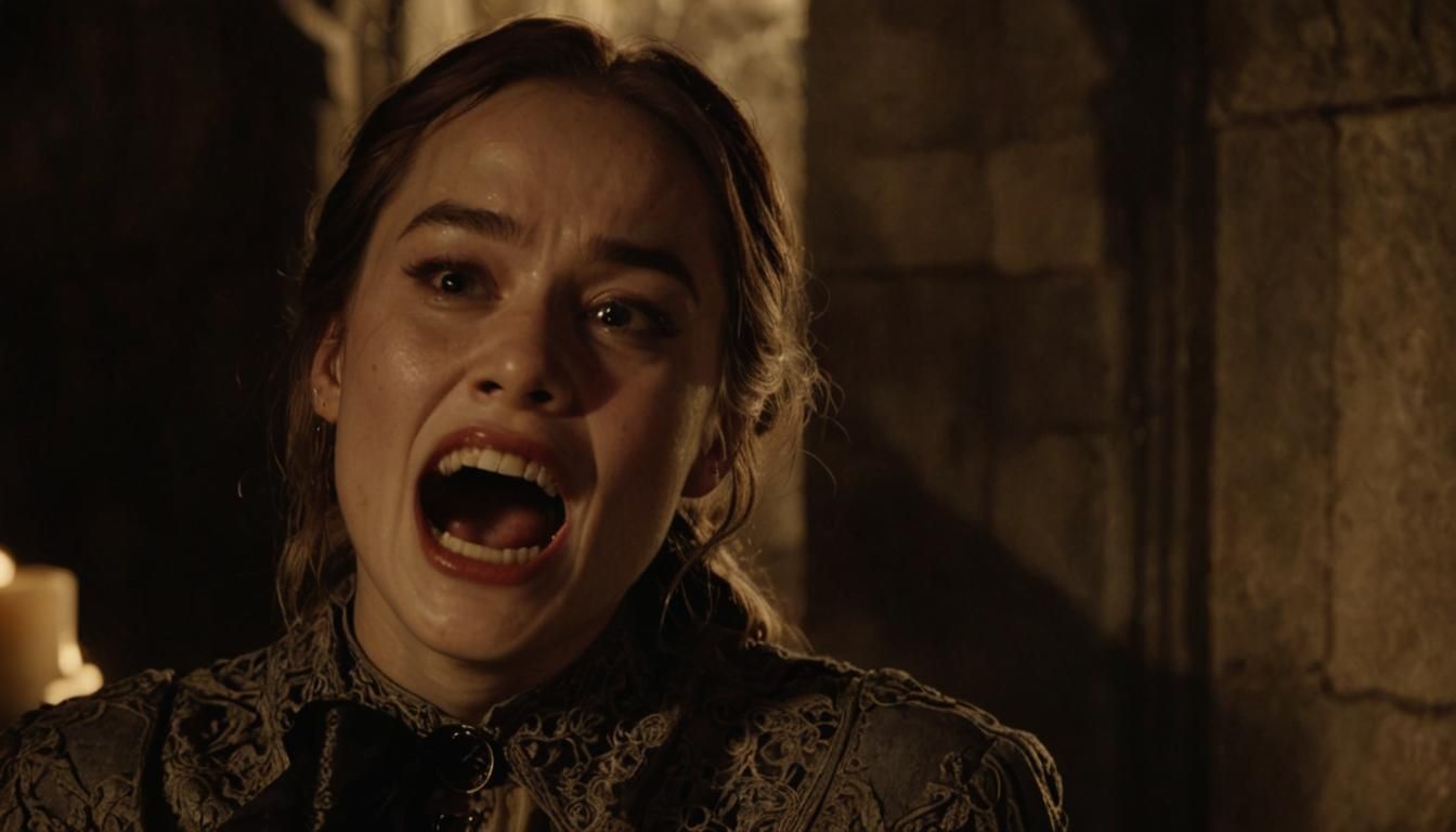 Gothic Realism Portrait of Vampire Hissing in Crypt