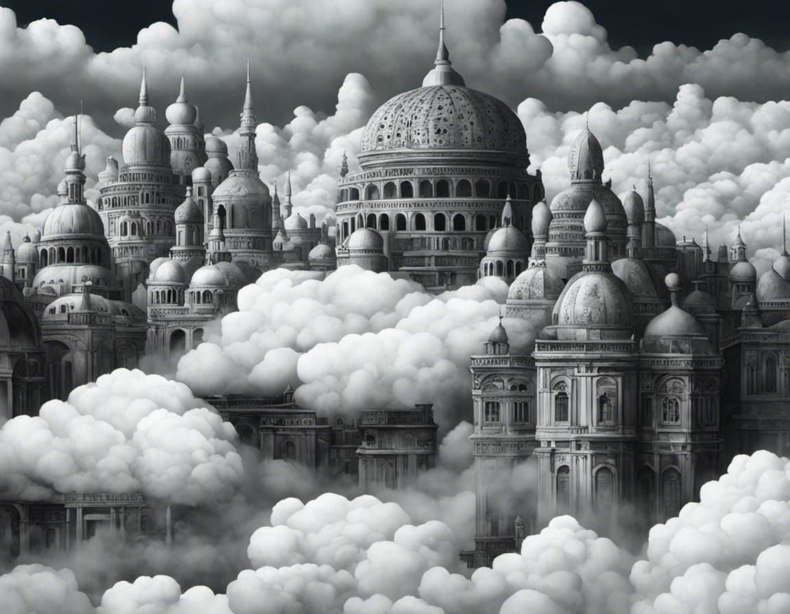 Ancient City in Clouds: Baroque Art Brut Illustration