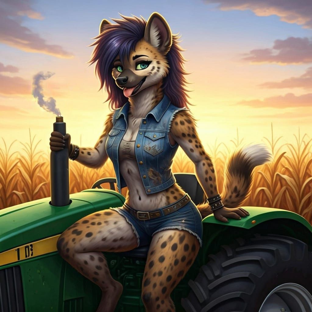 Hyena Girl on Tractor, Photorealistic Style